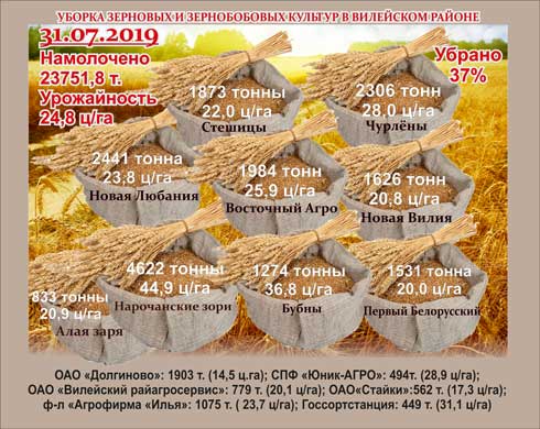 Уборка зерновых и зернобобовых культур в Вилейском районе (на 31 июля)