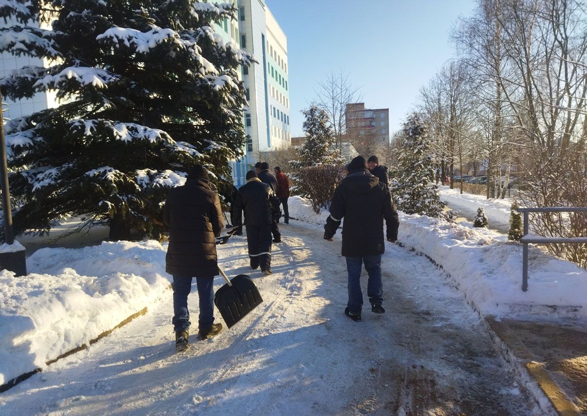 Лопаты в руки: вилейчане, не занятые в экономике, помогали расчистить снег у социально значимых объектов