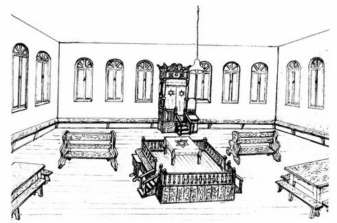 Замалёўка ўнутраннага выгляду даўгінаўскай сінагогі